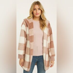 New/Unworn Women's Ivory/Mauve Buffalo Plaid Hoodie Cardi w/ Pockets